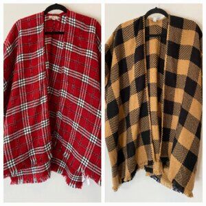 Loft Plaid Poncho Set Of 2 Black & Tan Red & White Fringed Hem Small